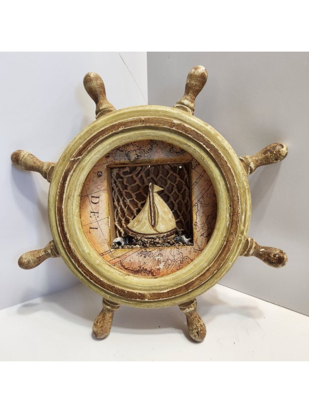 Rustic Ship Wheel Shadow Box with Sailboat Nautical Coastal Wall Hanging READ